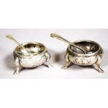 Pair Victorian sterling silver open salts & spoons