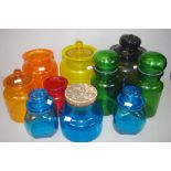Ten various retro glass kitchen canisters