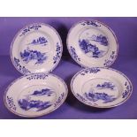 Four 18th C Chinese Export blue & white soup bowls