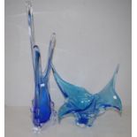Two retro blue glass studio vases