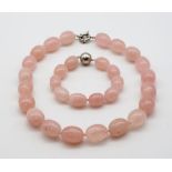 Oval beaded rose quartz necklace and bracelet