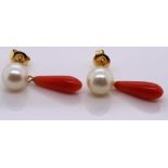 Pearl and coral 9ct gold drop earrings.