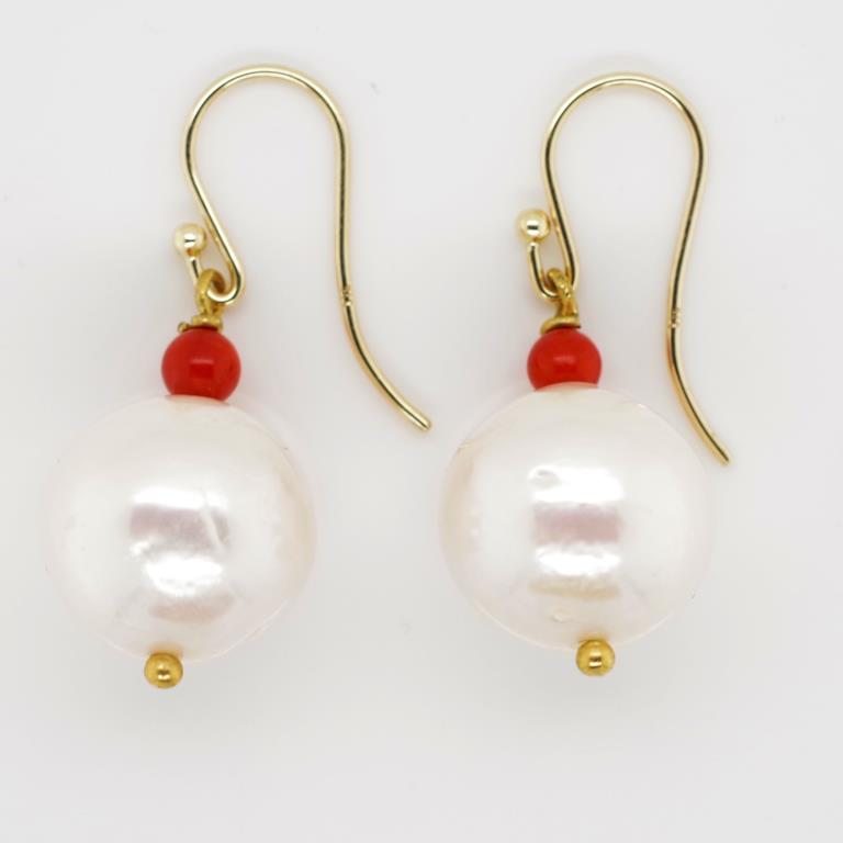 Pair of white pearl, coral and 9ct gold earrings