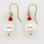 Pair of white pearl, coral and 9ct gold earrings