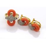 Coral diamond set 14ct gold ring and earrings