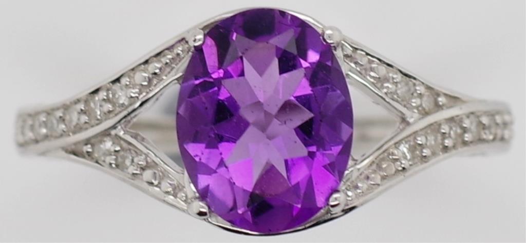 9ct white gold diamond and amethyst ring