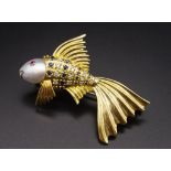 A pearl, diamond and sapphire fish form brooch