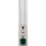 Emerald, diamond and 18ct gold pendant and chain