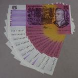 Ten consecutive Fraser/Higgins $5 notes