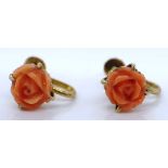 Carved coral and 9ct gold earrings