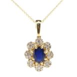 Sapphire diamond and 14ct gold pendant on chain.