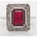 Ruby, diamond and 18ct white gold deco style ring