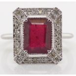 Ruby, diamond and 18ct white gold deco style ring