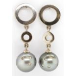 Tahitian pearl, diamond and 18ct gold earrings
