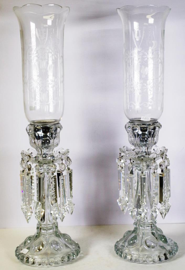 Pair of cut crystal & etched glass storm lamps