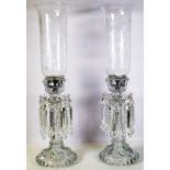 Pair of cut crystal & etched glass storm lamps