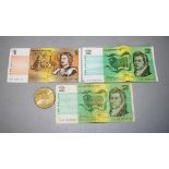 Australian $5 coin two $2 notes & a $1 note