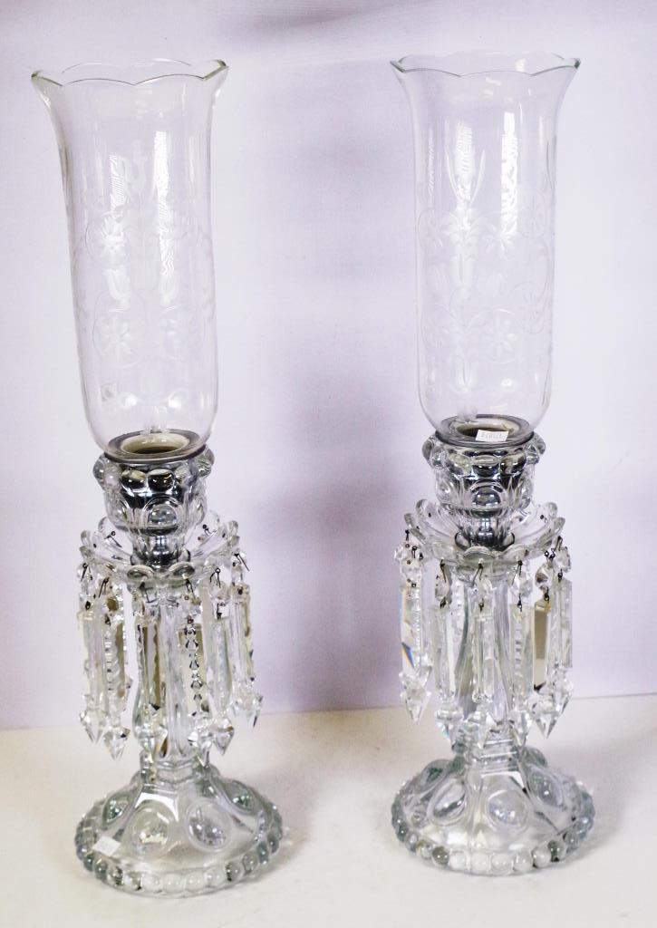 Pair of cut crystal & etched glass storm lamps - Image 2 of 2