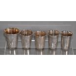 Five various Russian silver shot cups