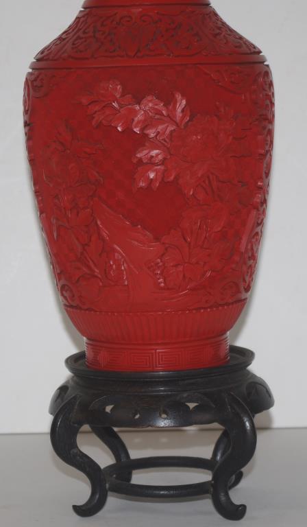 Large Chinese cinnabar vase on a timber stand - Image 2 of 3