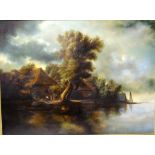 European School C20th- " Lake Scene" oil on canvas