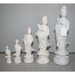 Five Chinese blanc de chine Quan Yin figures