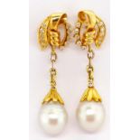 14ct gold, diamond and pearl drop earrings