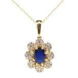 Sapphire diamond and 14ct gold pendant on chain.