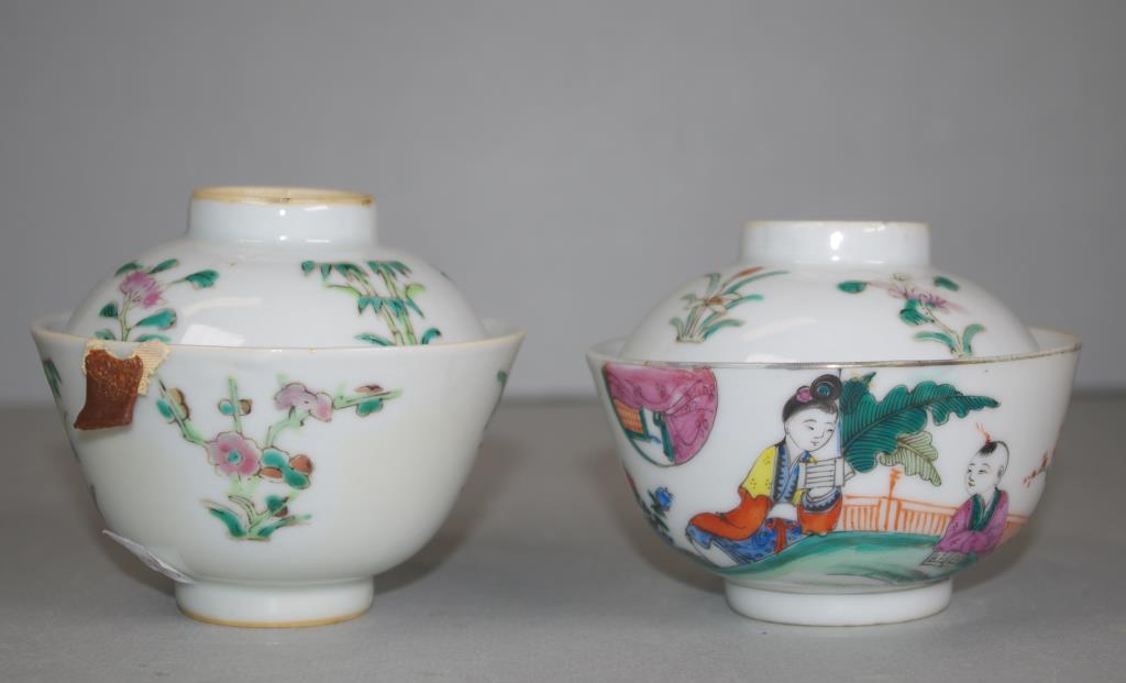 Two antique Chinese porcelain lidded rice bowls - Image 2 of 5