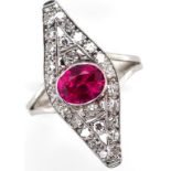 Pink sapphire, diamond and gold Navette ring