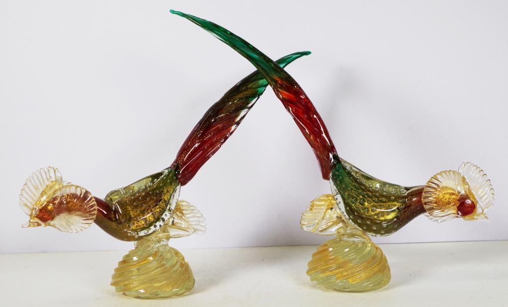 Pair of Murano glass rooster figurines