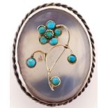 Agate, silver, gold and turquoise antique brooch.
