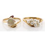 Two 9ct yellow gold and pearl rings