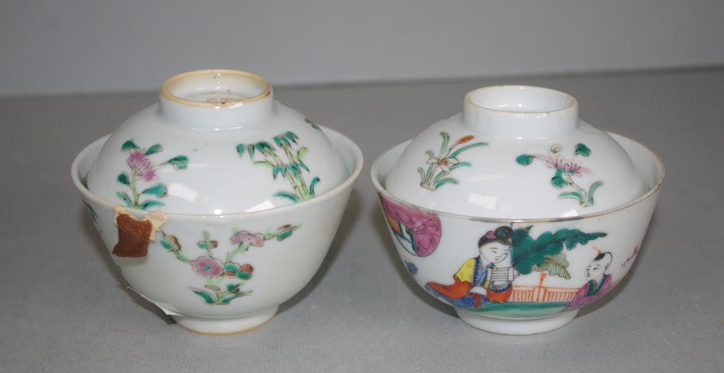 Two antique Chinese porcelain lidded rice bowls