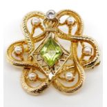 14ct gold, peridot, diamond and pearl brooch