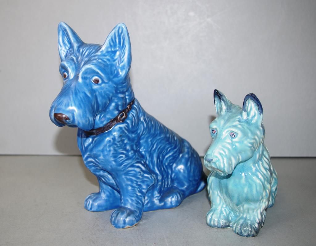 Two various Sylvac seated blue dog figures