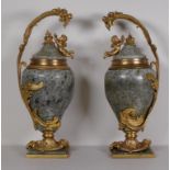 Two French green alabaster & gilded bronze urns