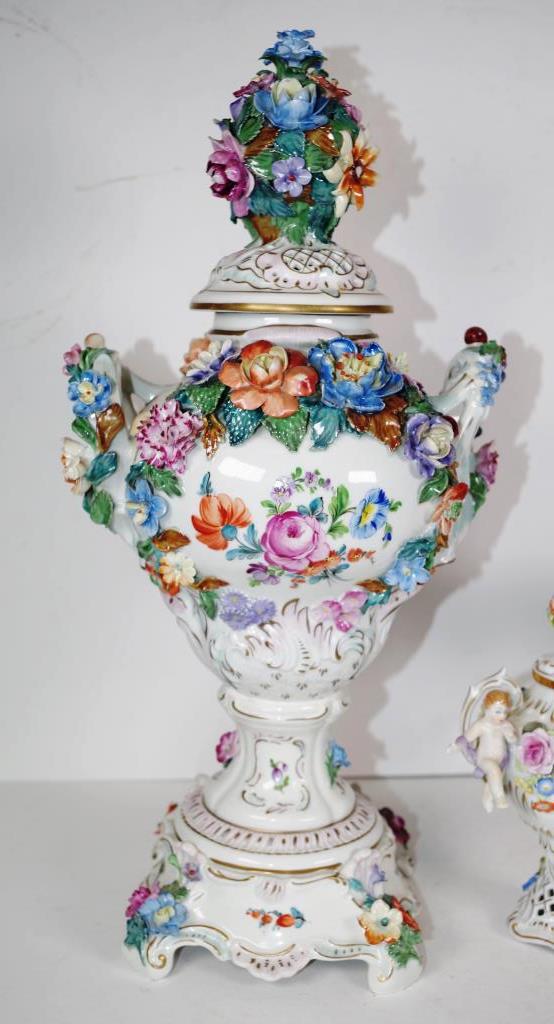 Three Dresden type floral encrusted vessels - Image 4 of 7
