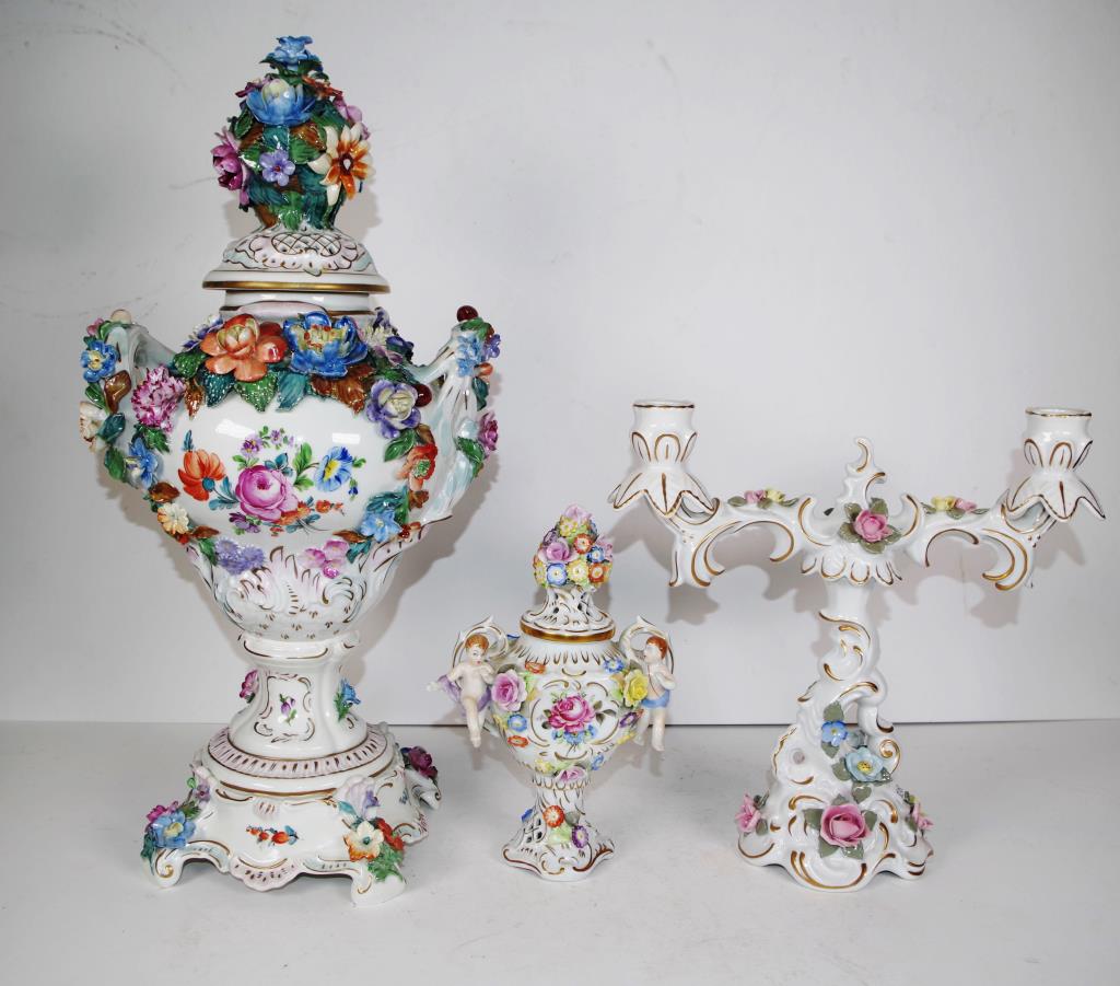 Three Dresden type floral encrusted vessels