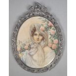 Antique French hand painted portrait of a lady