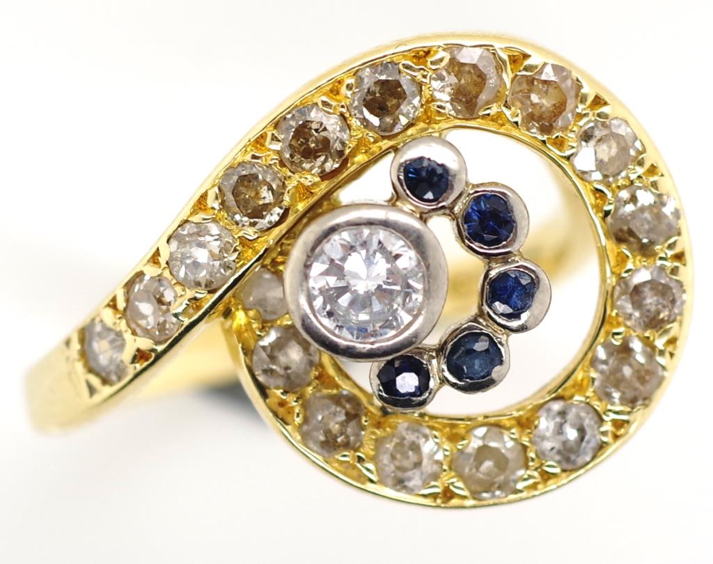18ct yellow gold, diamond and sapphire ring