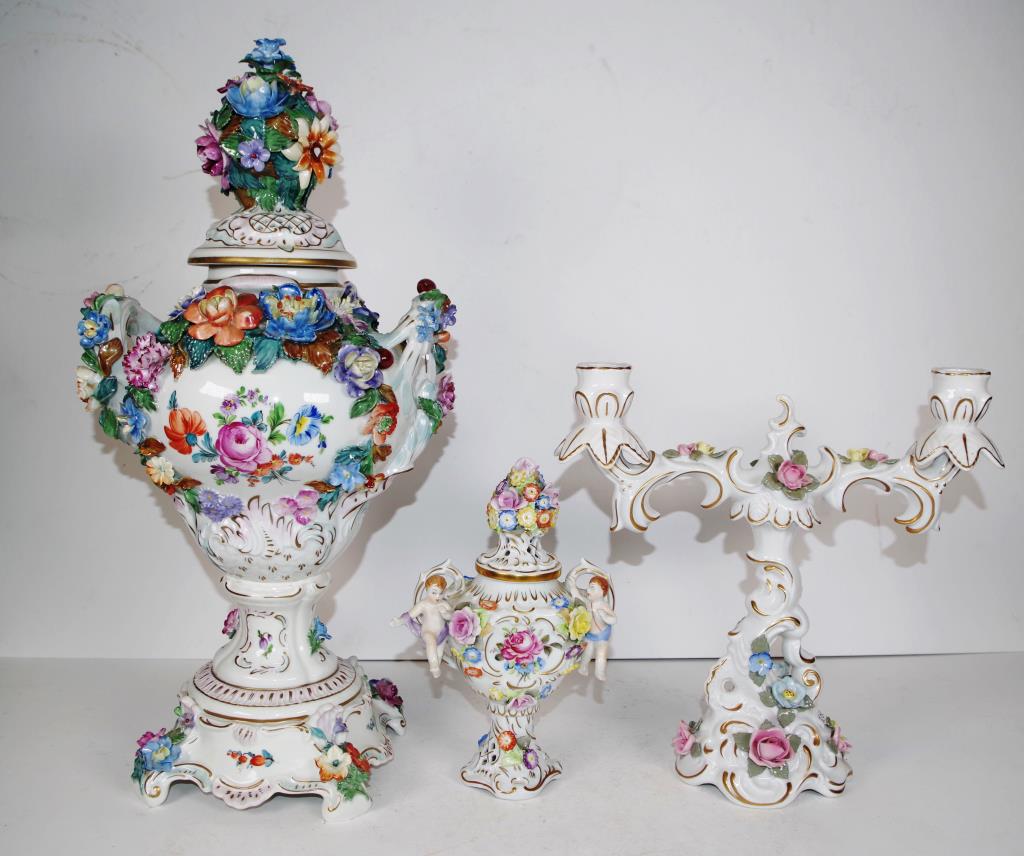 Three Dresden type floral encrusted vessels - Image 5 of 7
