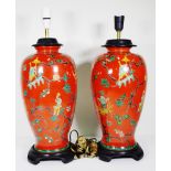 Pair of red Chinoiserie table lamps