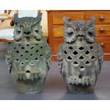 Two terracotta owl garden ornaments