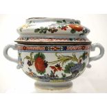 Italian majolica bowl and cover with twin handles