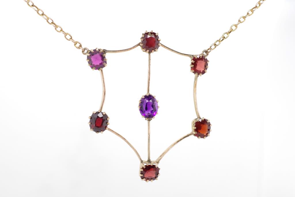 Antique 9ct gold, amethyst and garnet necklet