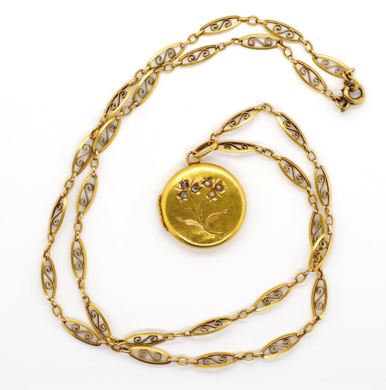 Antique gold necklace and locket