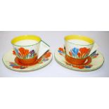 Pair Clarice Cliff Bizarre coffee cups & saucers