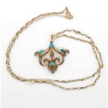 Edwardian 9ct gold, turquoise and pearl pendant