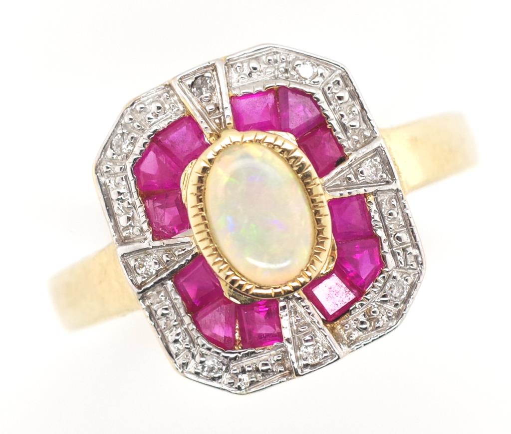 Opal, ruby and diamond ring